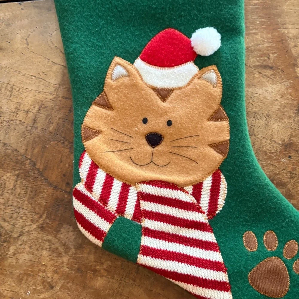 Preferred Products Good Kitty Christmas‎ Stocking Green Felt Ginger Cat Applique